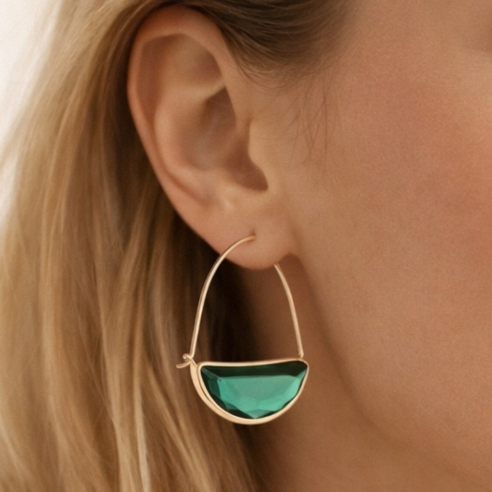Geometric Crescent Shaped Synthetic Zircon and Gold Earrings